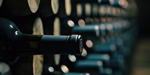 Background of a winery storage facility. Rows of Wine Bottles in a Lit Cellar