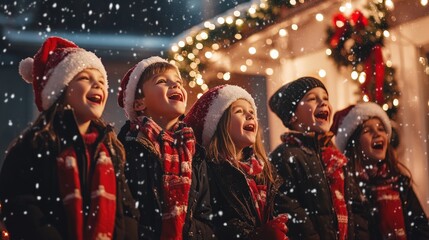 Group of children singing Christmas carols in the snow, wearing Santa hats and scarves, enjoying festive holiday season at night.