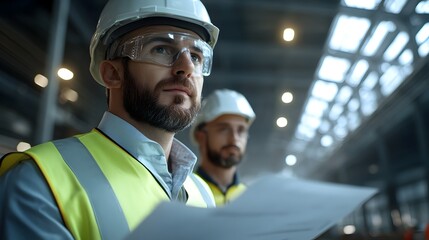 Poster - Engineer Reviewing Safety Protocols With Team in 3D Rendering of Industrial Workplace