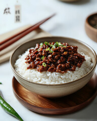 White rice with brown meat sauce. Chinese traditional festival food theme