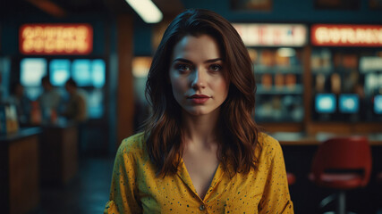 Portrait of a Young Woman with Brown Hair in a Yellow Shirt at a Dimly Lit Urban Café