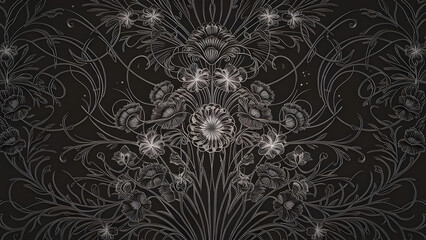 Poster - Enchanted Floral Tapestry: A mesmerizing  pattern of delicate, intertwining floral motifs in silver and black against a dark background, evocative of vintage elegance and intricate artistry.  