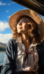 Wall Mural - Middle aged woman enjoying sunshine on boat on a lake 