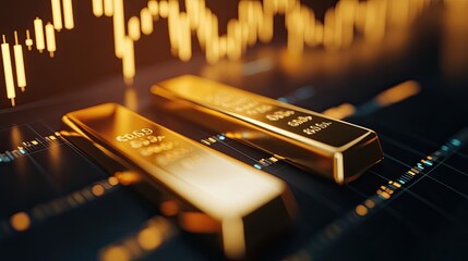 Poster - Gold bars on a chart with rising and falling stock prices, providing a striking contrast with space for text