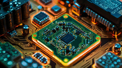 Poster - Golden Core of Technology: A vibrant close-up capturing the intricate details of a computer motherboard, illuminated in striking, futuristic hues. 