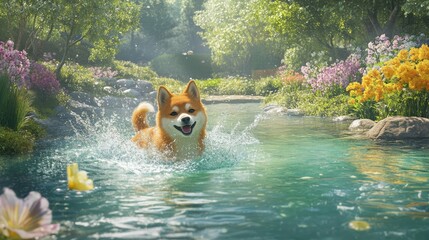 Joyful Shiba Inu splashes in a crystal-clear pond, under the shade of trees, with colorful flowers adding charm to the summer scene.