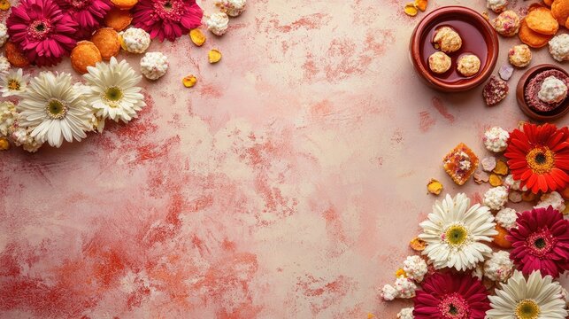 Top view of an Indian wedding invitation card placed on a decorated background with flowers and sweets, with space for text