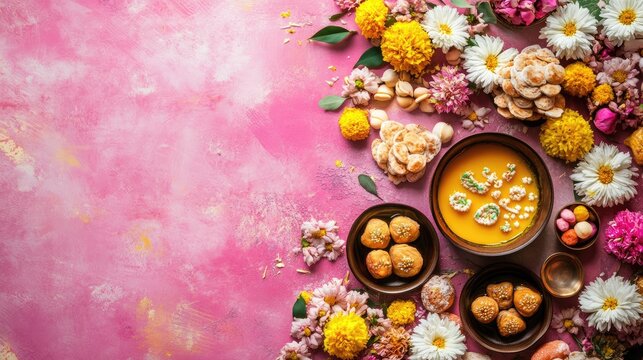 Top view of an Indian wedding invitation card placed on a decorated background with flowers and sweets, with space for text