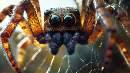 Macro picture of a spider with a web with large eyes and paws.