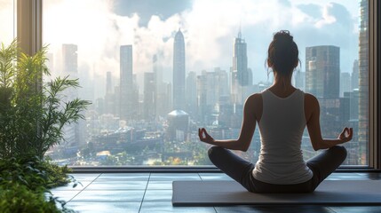 Aufkleber - A woman sits in a serene pose, meditating while gazing at a bustling cityscape bathed in soft morning light