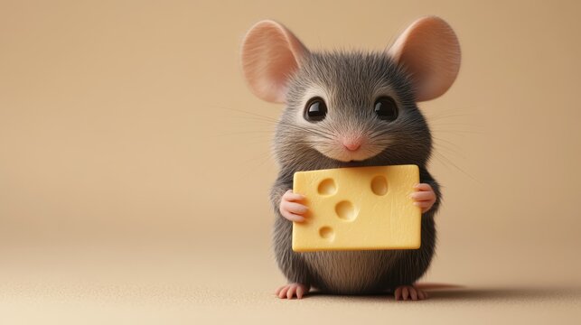 Charming 3D cartoon mouse holding blank cheese-shaped sign, cozy beige background