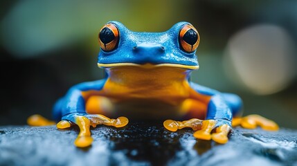 Blue and orange frog close-up on blurred background. Macro shot. Wildlife and amphibian photography concept