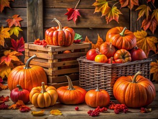 Wall Mural - Vibrant orange pumpkins arranged artfully with crimson and amber fall leaves, surrounded by rustic wooden crates and woven baskets, evoking cozy autumn ambiance.