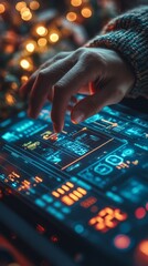 Poster - A hand interacts with a vibrant digital interface, illuminated by warm lights, creating a captivating blend of technology and ambiance