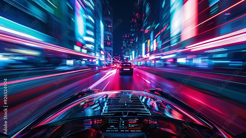 An AI-powered self-driving car navigating through a bustling city at ...