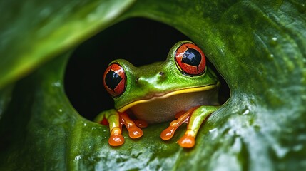 Wall Mural - Inquisitive frog peeking out from its hiding place