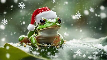 Wall Mural - Festive Frog: A Green Frog Wearing a Santa Hat Sitting on a Leaf Amidst Snowflakes, Celebrating Christmas in Nature