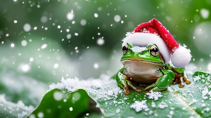 Poster - Festive Frog: A Green Frog Wearing a Santa Hat Sitting on a Leaf Amidst Snowflakes, Celebrating Christmas in Nature