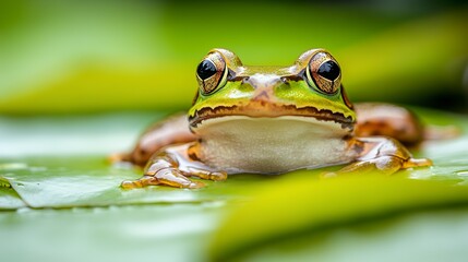 Macro shot of a frog on a lily pad.