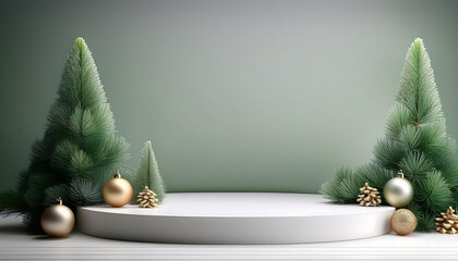 Poster -  Empty White Podium with Christmas Ornaments and Pine Trees _1(77)