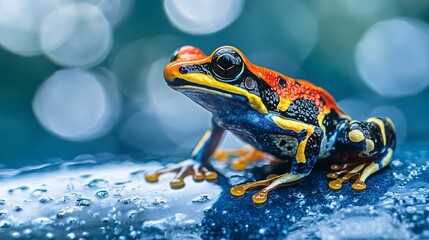 Wall Mural - Macro Shot of Colorful Frog on Blue Surface. Wildlife and amphibian