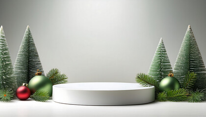 Poster -  Empty White Podium with Christmas Ornaments and Pine Trees _1(78)
