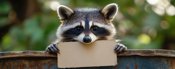 mischievous raccoon peeking from trash can, holding blank lid sign