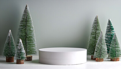 Poster -  Empty White Podium with Evergreen Trees for Christmas _1(81)