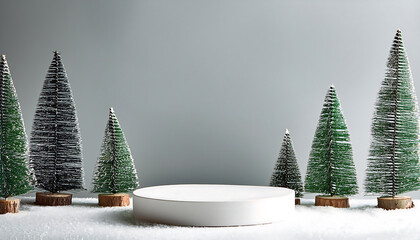 Poster -  Empty White Podium with Evergreen Trees for Christmas _1(82)
