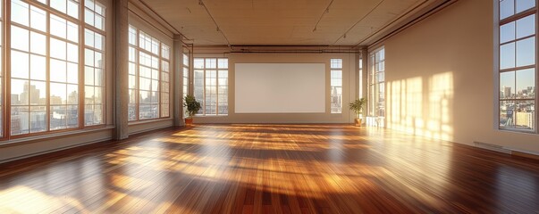 Perspective-bending room with blank sign as focal point