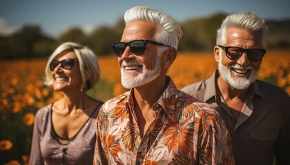 Poster - A group of cheerful people walking and having fun together in a beautiful nature setting on a sunny day,