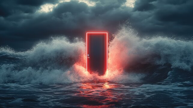 Realistic glowing door with red LEDs amidst huge crashing waves, natural light, dark gray sky background