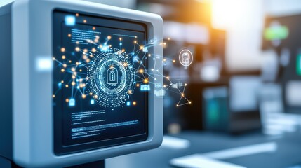 Poster - A futuristic display showcasing digital technology and data security with glowing connections and intricate patterns.