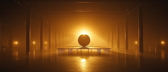 Poster - A glowing sphere dominates an industrial space, creating an ethereal atmosphere with warm light and striking shadows.