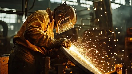 A worker carefully grinding a big metal plate in a workshop, with sparks flying and a sense of skilled craftsmanship evident in the intense atmosphere.