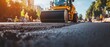 © indyntk - Urban road construction machinery at work fresh asphalt detailed workers vibrant safety gear busy city traffic dynamic scene evolving infrastructure safety-focused elements powerful lighting