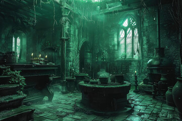 Halloween. A witch's house surrounded by boiling cauldrons and magical artifacts. Creepy green smoke billows from the cauldrons. Gnarled trees and cobwebs frame the scene.