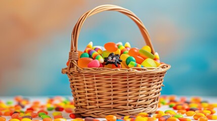 Wall Mural - A Halloween candy basket with colorful candies and small toys inside.