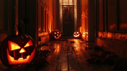 Wall Mural - A hallway with Halloween decorations and spooky lighting.