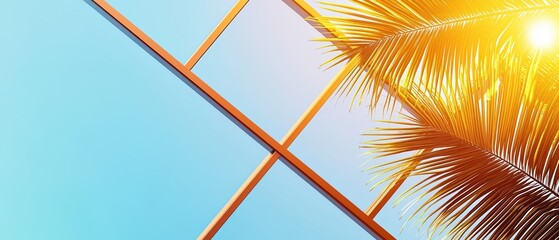 A vibrant tropical scene featuring a sunny sky and palm leaves framing geometric window designs, evoking a serene summer vibe.