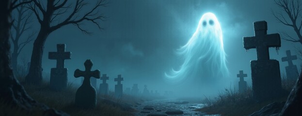 Wall Mural - Glowing Ghost Eerily Hovering in Misty Graveyard Against Dark Night Sky