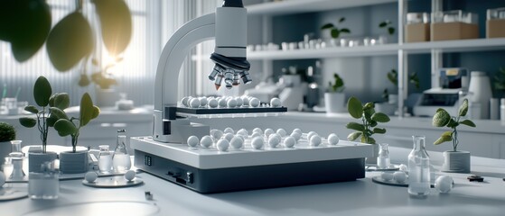 Poster - Advanced robotics in a modern laboratory setup with plants and glassware, showcasing technology and innovation in research.