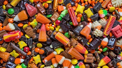 A large pile of assorted Halloween candies, ready for trick-or-treaters.