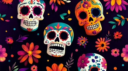 Wall Mural - Colorful Día de los Muertos sugar skulls and flowers on dark background - Mexican tradition - festive imagery - cultural celebration