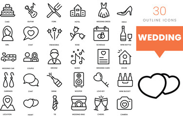 Set of minimalist linear wedding icons. Vector illustration