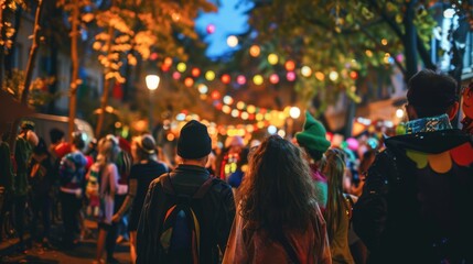 A street party with neighbors in costumes and festive decorations.