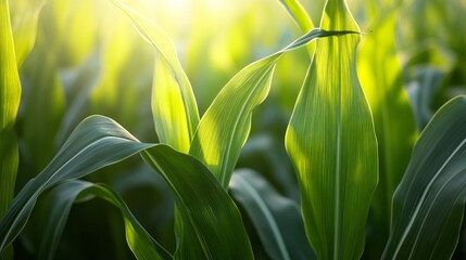 Poster - Sunlight filters through vibrant green corn leaves, creating a tranquil atmosphere in a flourishing field during early morning light