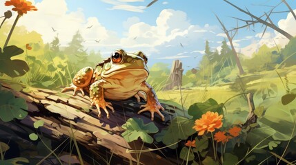 A toad puffing up defensively flat design top view forest floor theme water color Complementary Color Scheme