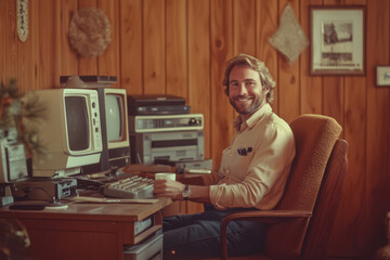 retro computer era, 1980s geek with classic technology