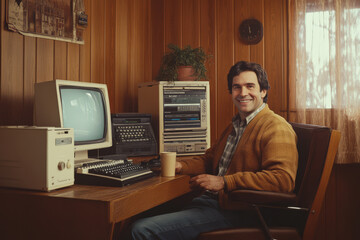 Retro Tech Enthusiast, 1980s Geek with Vintage Hardware